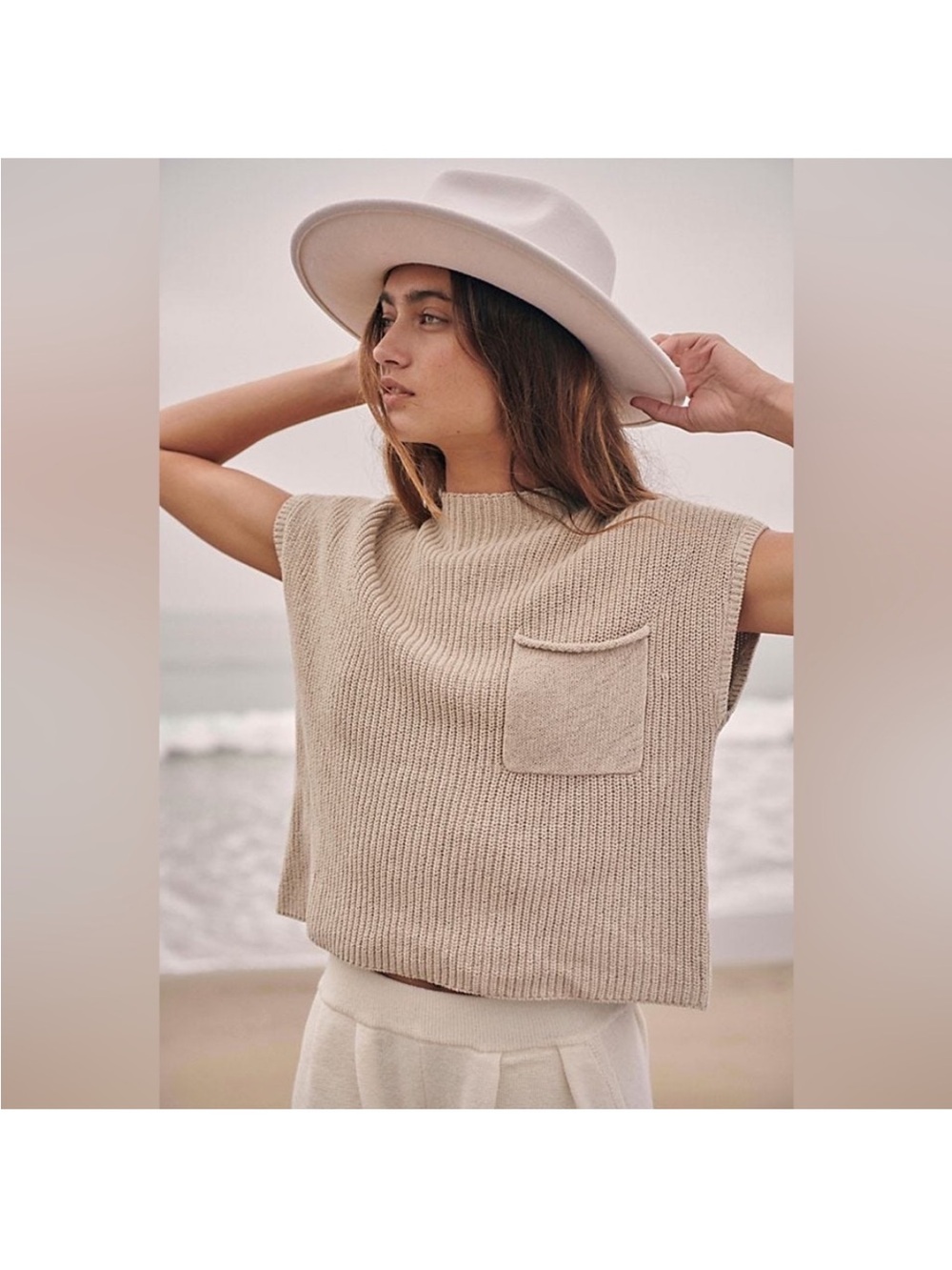 Free People FP Beach Freya Knit Sweater Cropped Top XS Mock Neck Pocket Coastal
